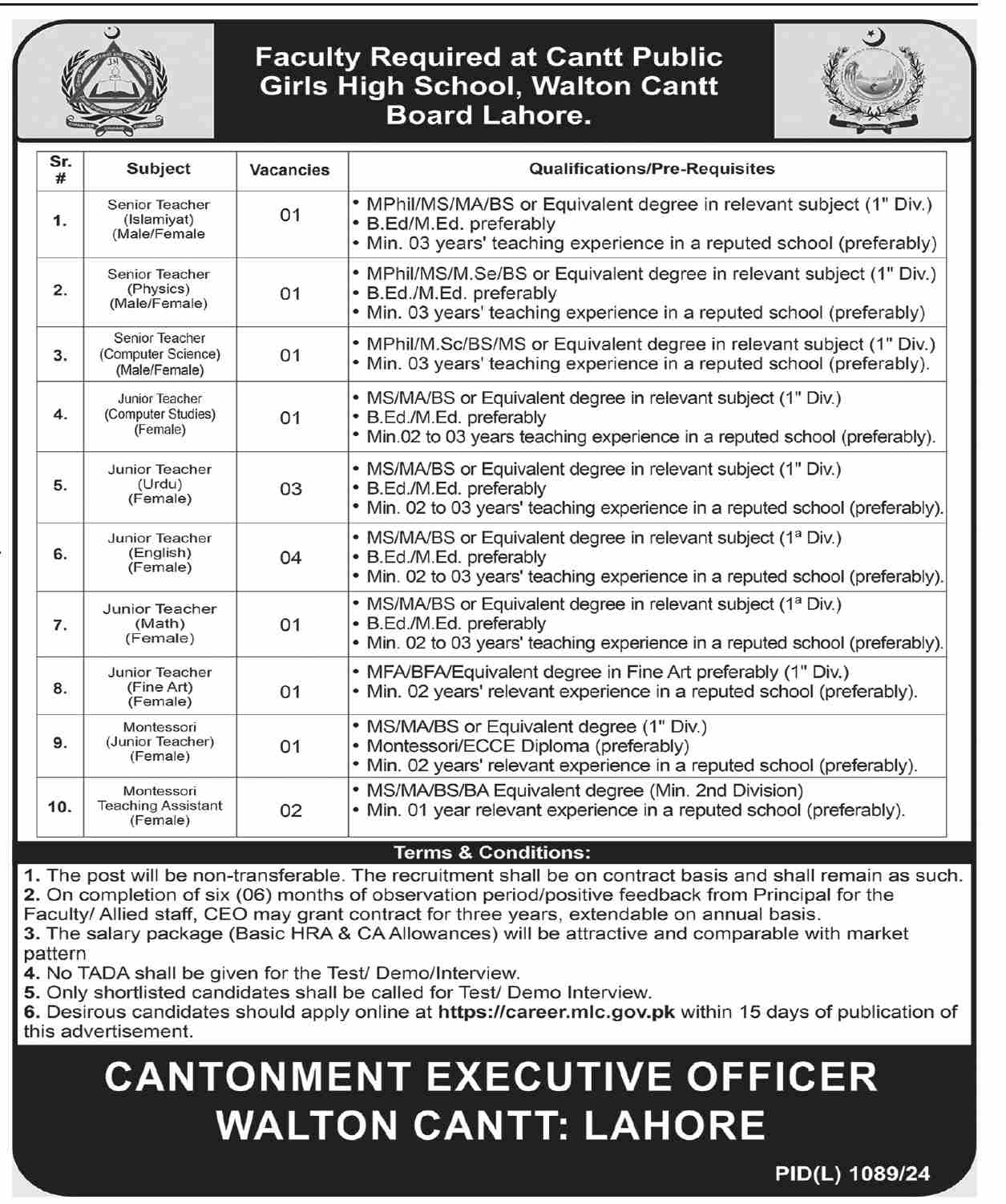 Cantt Public Girls High School Jobs 