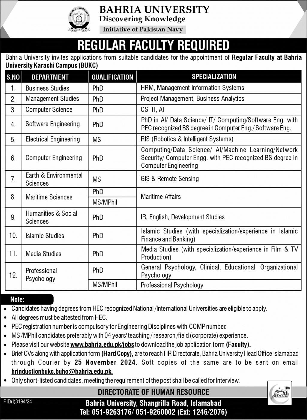 Bahria University Jobs