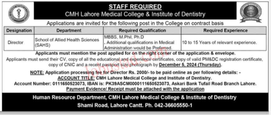 CMH Jobs in Lahore November 2024