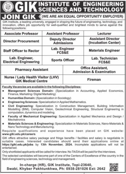 GIK Institute Jobs