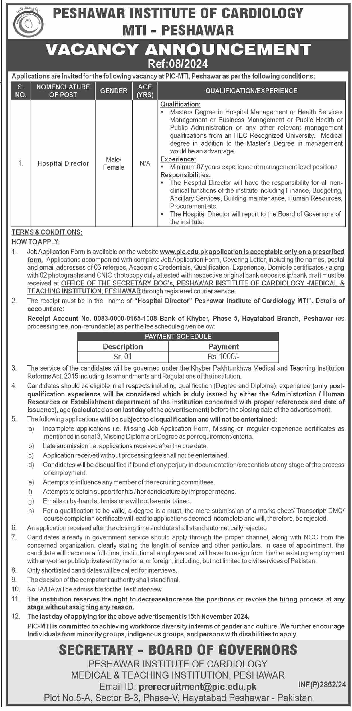 Peshawar Institute Of Cardiology Jobs 