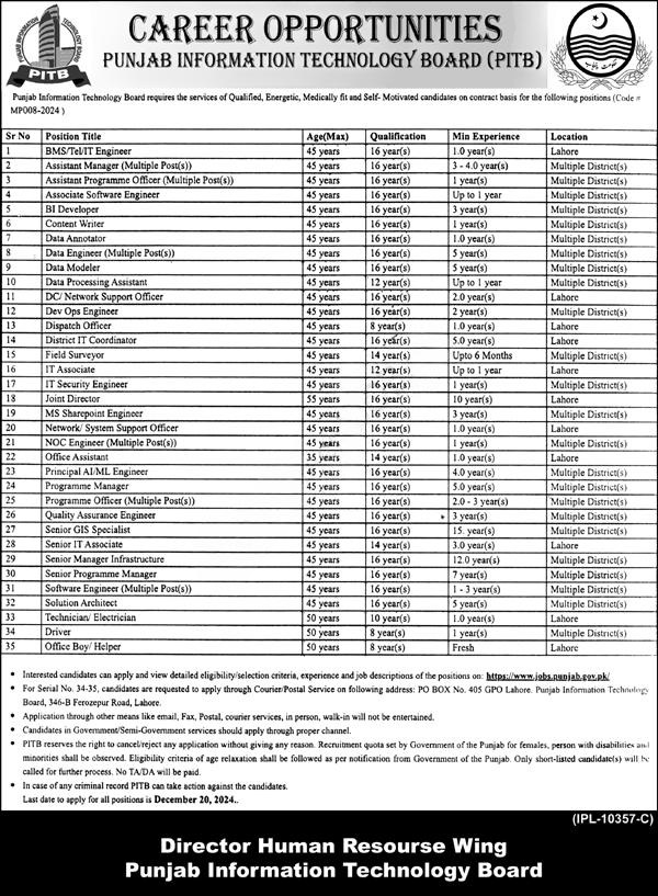 Punjab Information Technology Board Jobs 2024